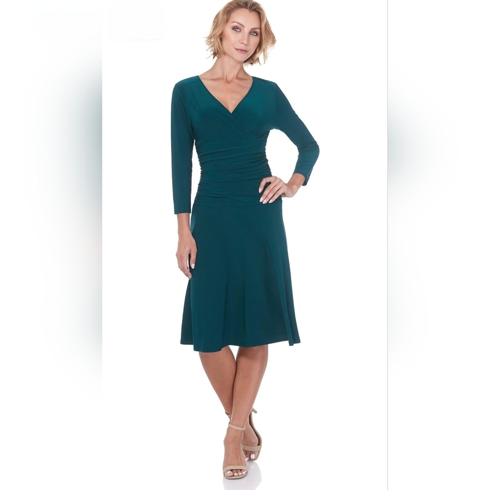 Rekucci Women's Slimming 3/4 Sleeve Fit-and-Flare Crossover Tummy Control Dress